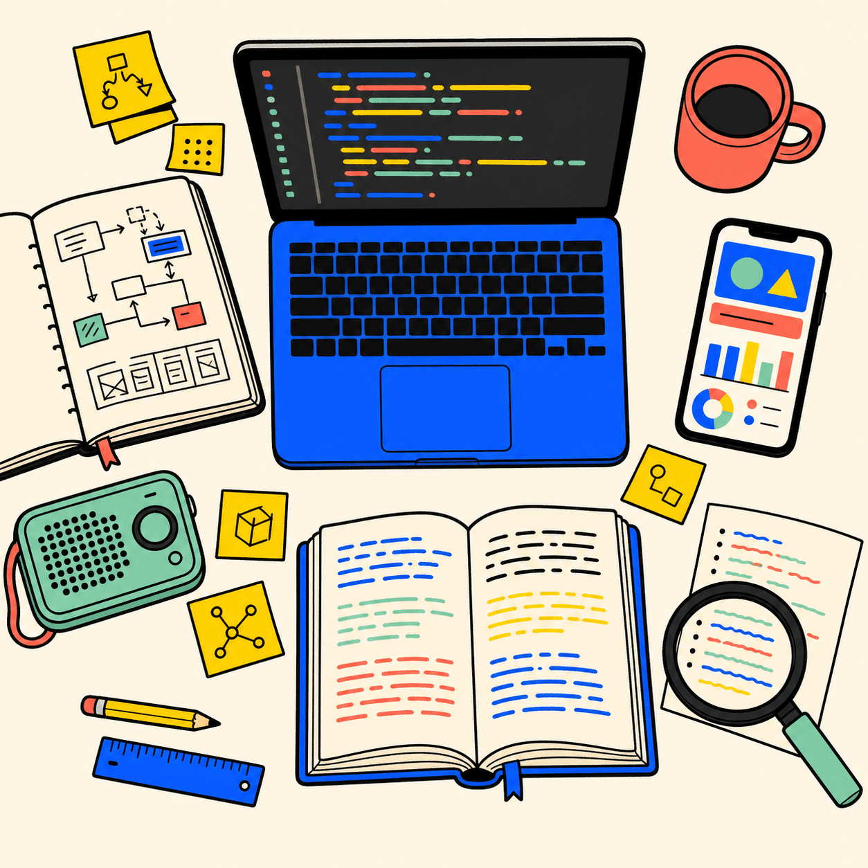 Top-down view of a tinkerer's environment: laptop with abstract code on screen, smartphone with a dashboard, open notebook with flowcharts, sticky notes, coral coffee mug, magnifying glass, open multi-language reference book, mint speaker, pencil and ruler