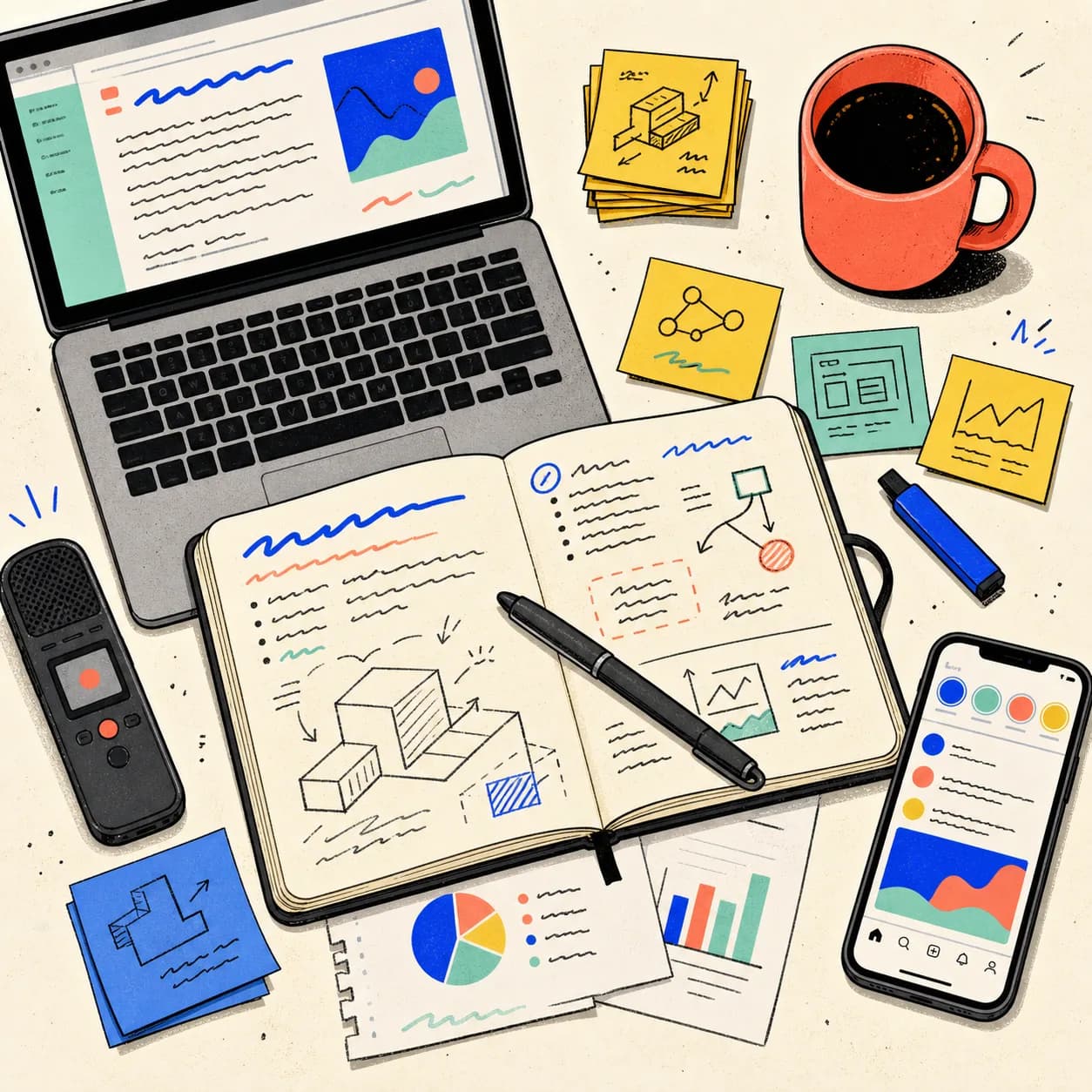 Top-down illustration of a desk mid-documentation: laptop with a blog post draft, open notebook with annotations, sticky notes, voice recorder, phone with social feed, papers with charts.