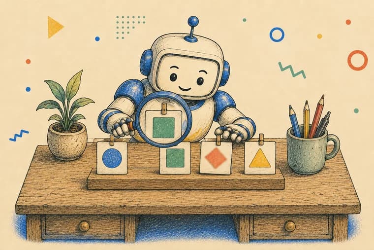 A small robot at a wooden desk holding a magnifying glass over a row of tiny website icons, inspecting one closely.