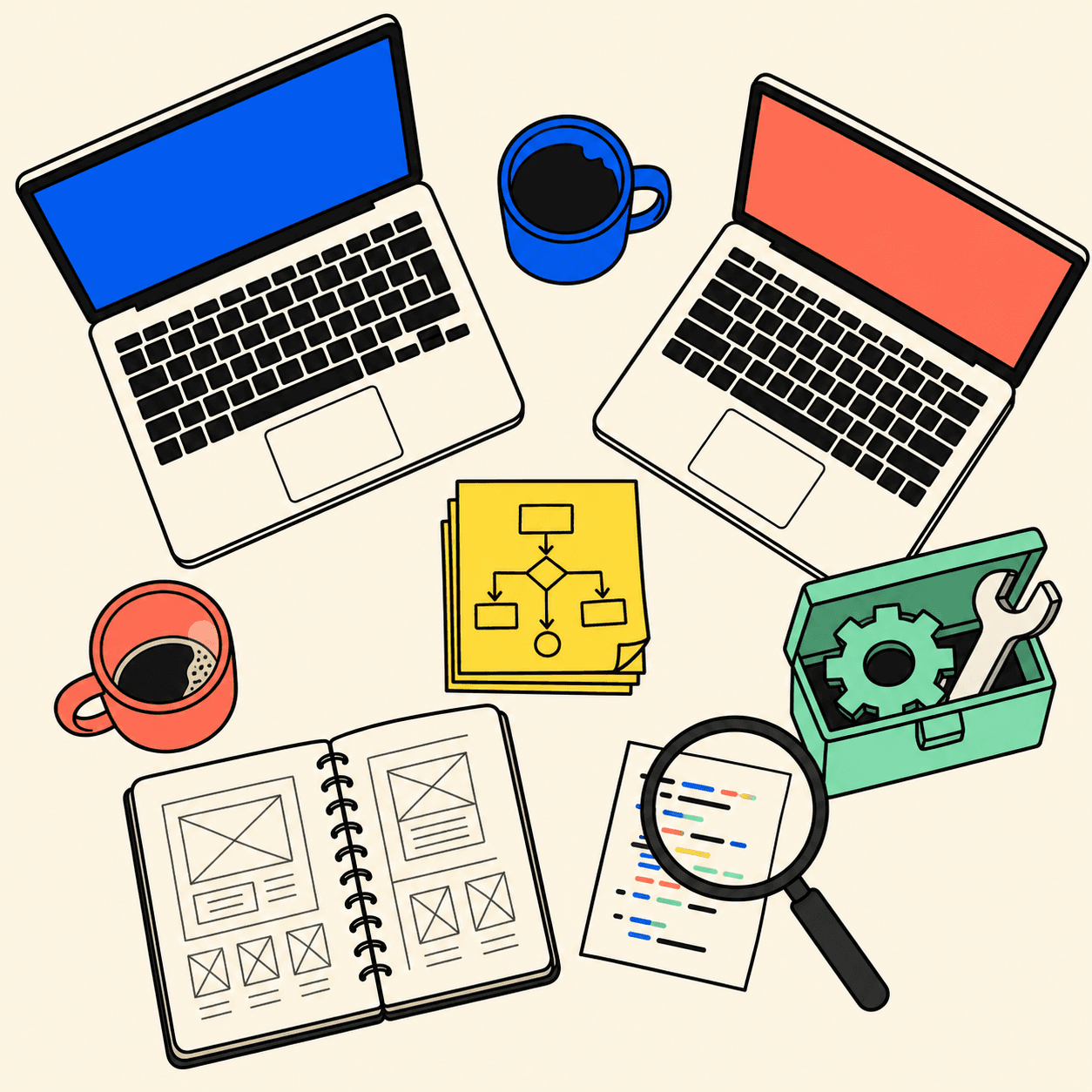 Top-down view of a shared workspace: two laptops, two coffee mugs, sticky notes with a flowchart, an open notebook with wireframes, a magnifying glass over a code snippet, and a small mint toolbox with gear and wrench