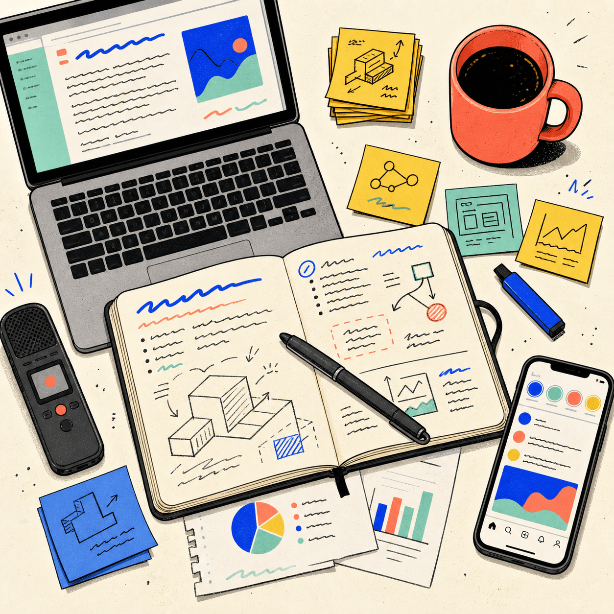 Top-down illustration of a desk mid-documentation: laptop with a blog post draft, open notebook with annotations, sticky notes, voice recorder, phone with social feed, papers with charts.