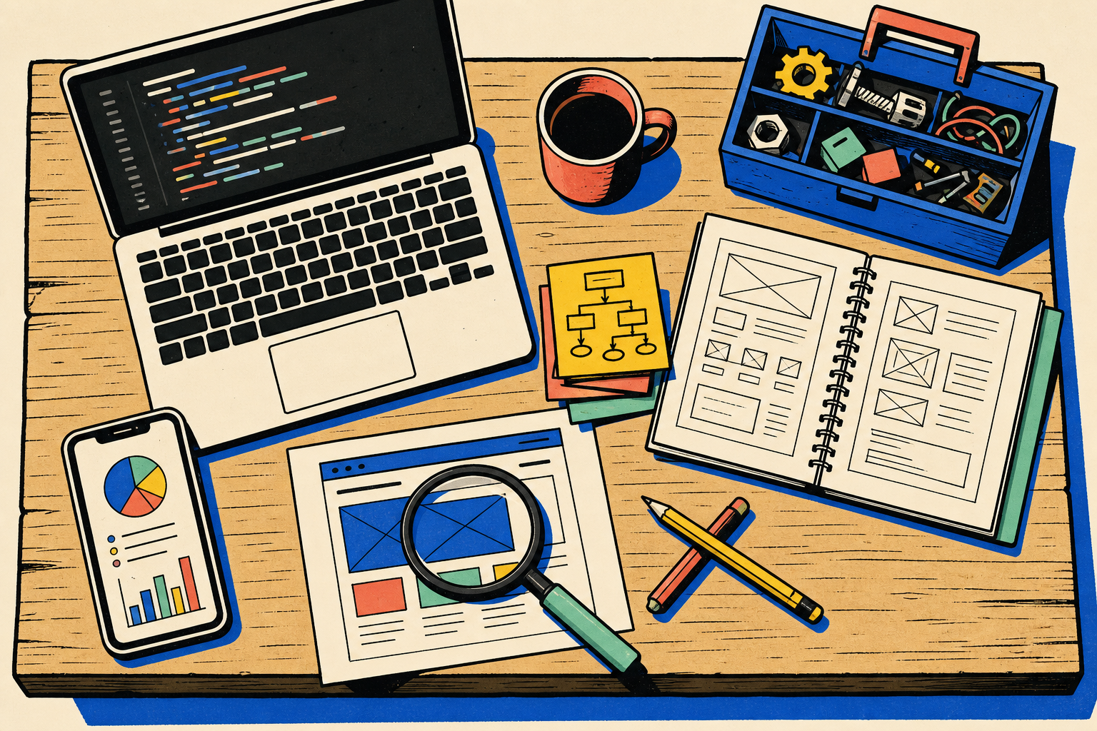 A top-down illustration of a solo builder's workbench: laptop with code on screen, smartphone showing an app dashboard, magnifying glass over a printed website mockup, sticky notes with a hand-drawn flowchart, an open spiral notebook full of wireframes, a coffee mug, crossed pencils, and a small toolbox. Bold editorial illustration in neo-brutalist style with cream, electric blue, yellow, and coral accents.