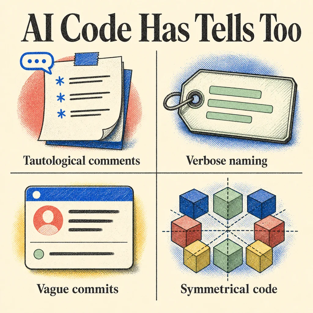 Infographic — AI code has tells too: tautological comments, verbose naming, vague commits, and suspiciously symmetrical code