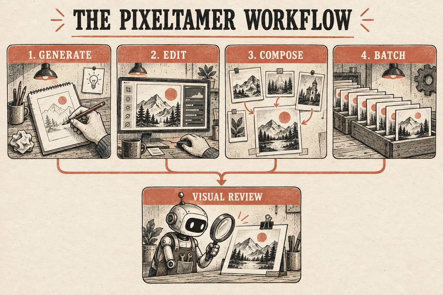 The pixeltamer workflow: Generate, Edit, Compose, Batch, and Visual Review