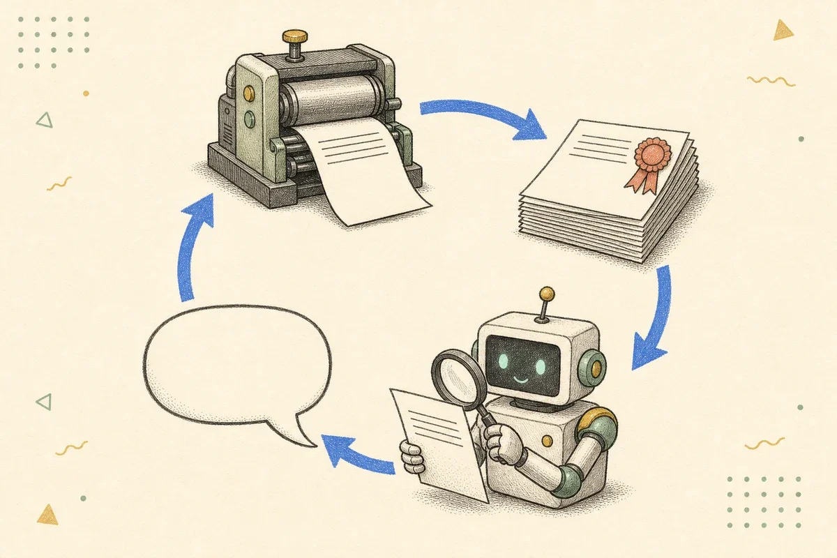 Hand-drawn loop: a printing press produces an article, the article joins an award-ribboned stack, a robot reads it through a magnifying glass, and its speech bubble points back at the same press.