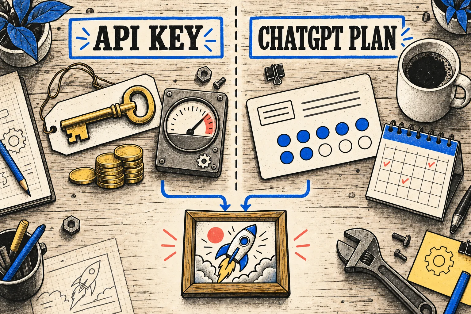Woodcut illustration of a desk split in two: API KEY side with brass key and coin meter, CHATGPT PLAN side with punch-card and calendar, both feeding the same framed picture